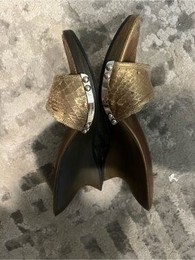 Salvatore Ferragamo Metallic Gold Snake-Effect Slide Sandals